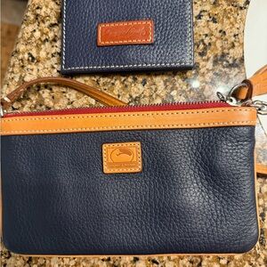 Dooney & Bourke Blue and Tan Pebbled Leather Wristlet and card wallet